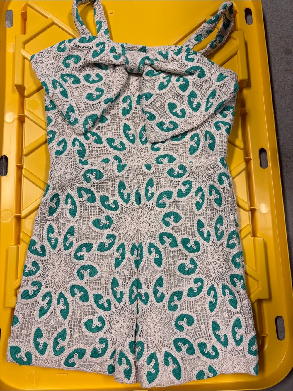 GB girls Cream Lace Romper with Teal Pattern and Front Bow